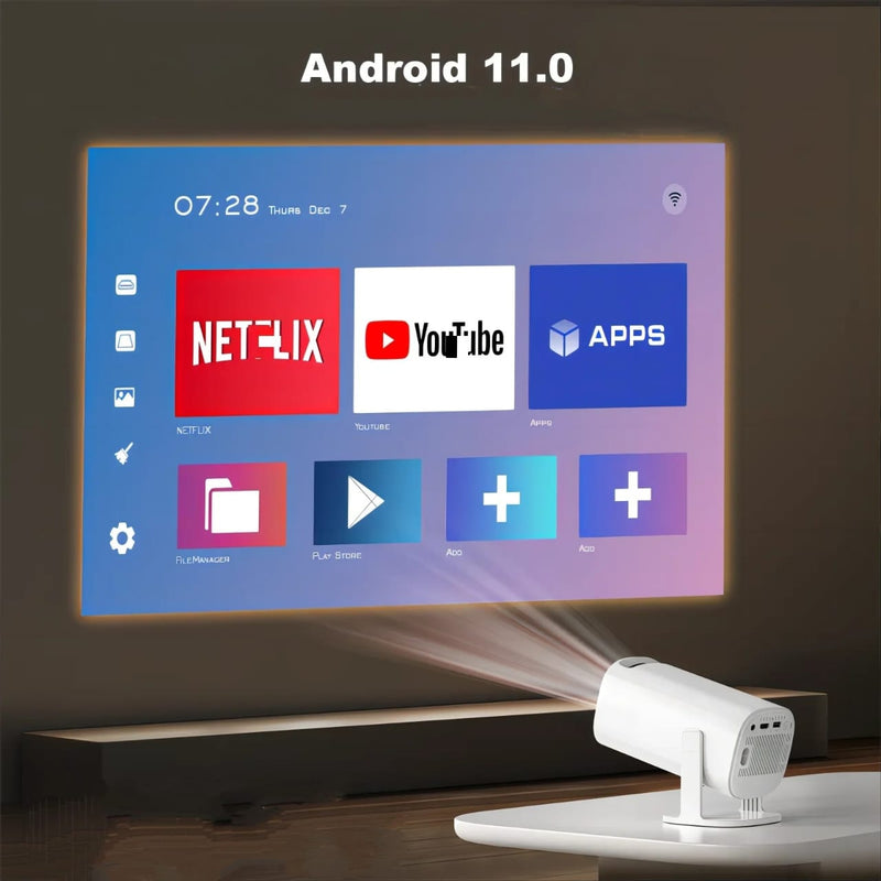 Mini Projetor Portátil - 5G e Wifi 6, Bluetooth 5.0 e Android 11, Projetor com Suporte 4K e 1080P Full HD, 8000 Lumens, Projetor Led com Auto de Correção, 180° Giratório.