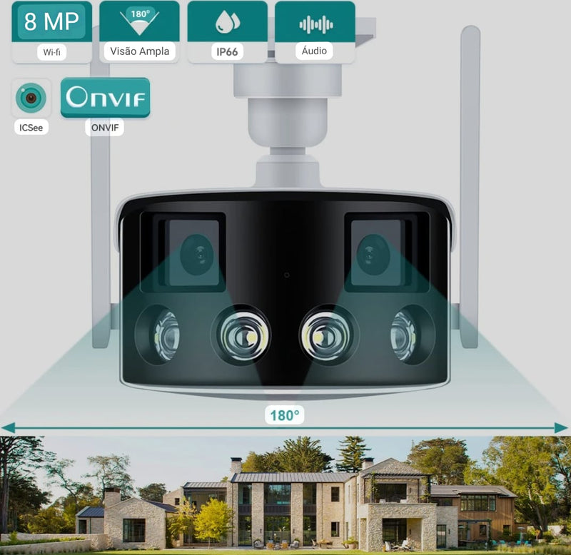 Câmera panorâmica WiFi com lente dupla, Ângulo de visão amplo 180 °, Detecção Humana AI, Câmera IP de Vigilância ICSEE, 4K 8MP